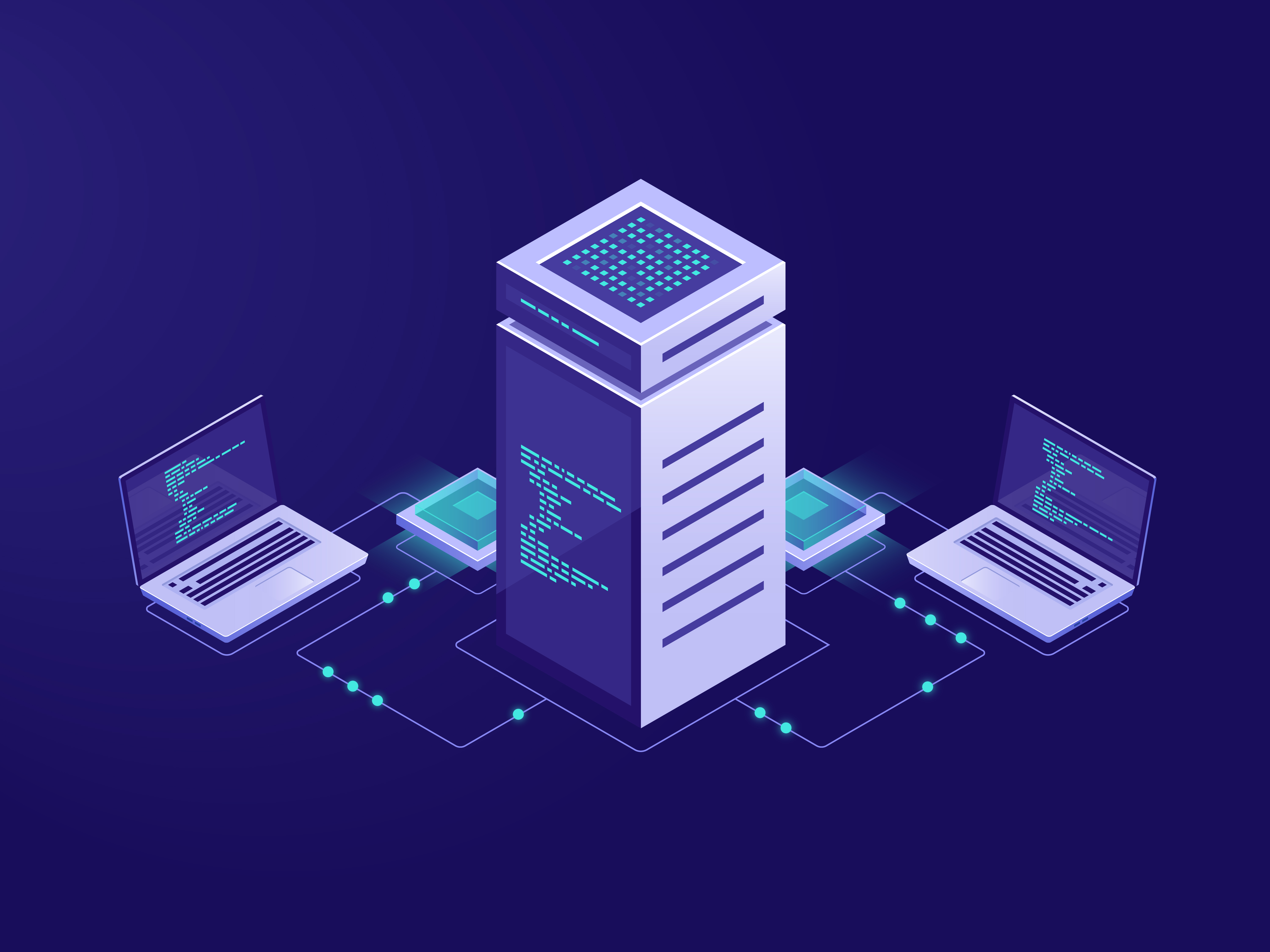 Big data processing concept, server room, blockchain technology token access, data center and database, network connection isometric illustration vector neon dark